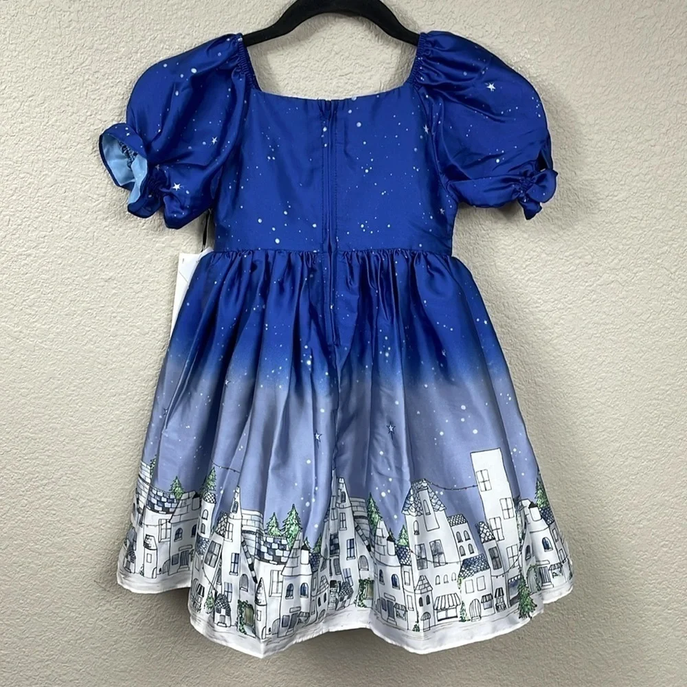 NWT Pippa & Julie Camilla Starry Night Whimsical Townscape Houses Dress Girls 5